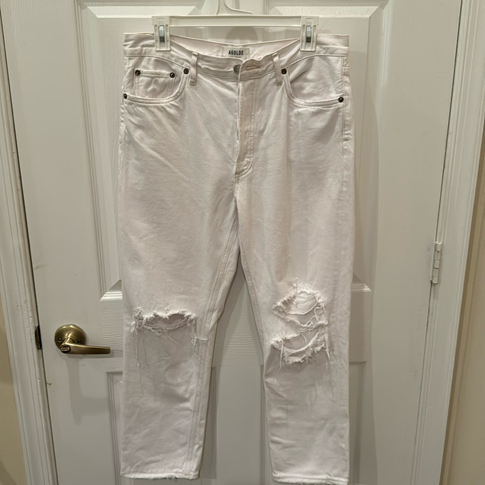 AGOLDE Riley High Rise Straight Crop Distressed Jeans Off White Size 30